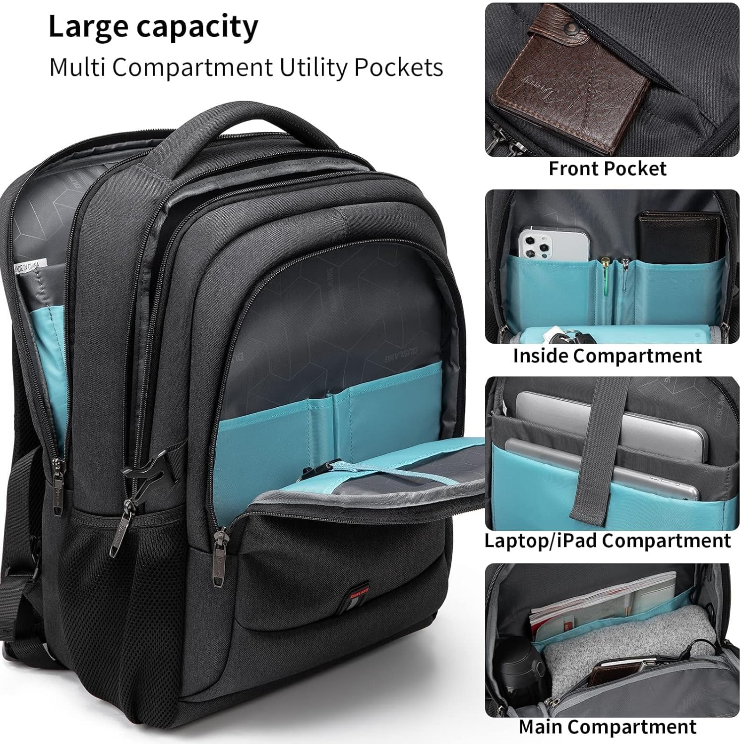 DUSLANG 17 Inch Laptop Backpack for Travel Water Resistant College Backpack for Men/Women Laptop Bag with USB Charging Port,Black - Image 2